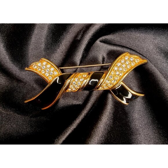 Vintage SWAROVSKI Signed Ribbon Gold and Black Crystals Brooch - Picture 2 of 4